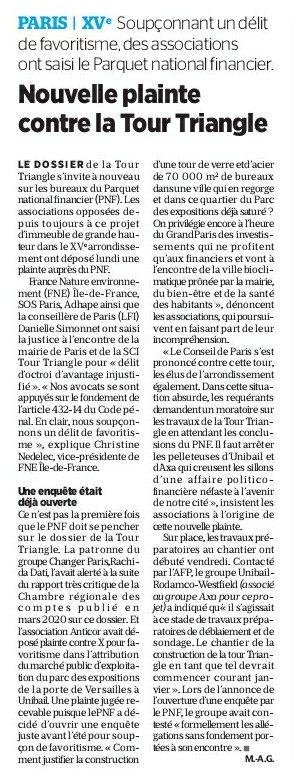 article Le Parisien - nouvelle action juridique tour Triangle - PNF